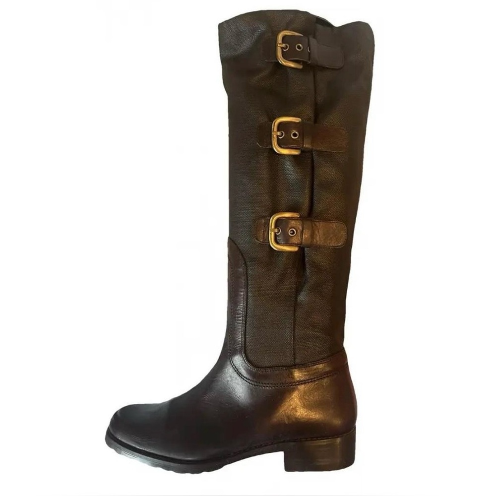 Weitzman Tall Leather Coated Canvas Brown Boots with Buckles. Size 7